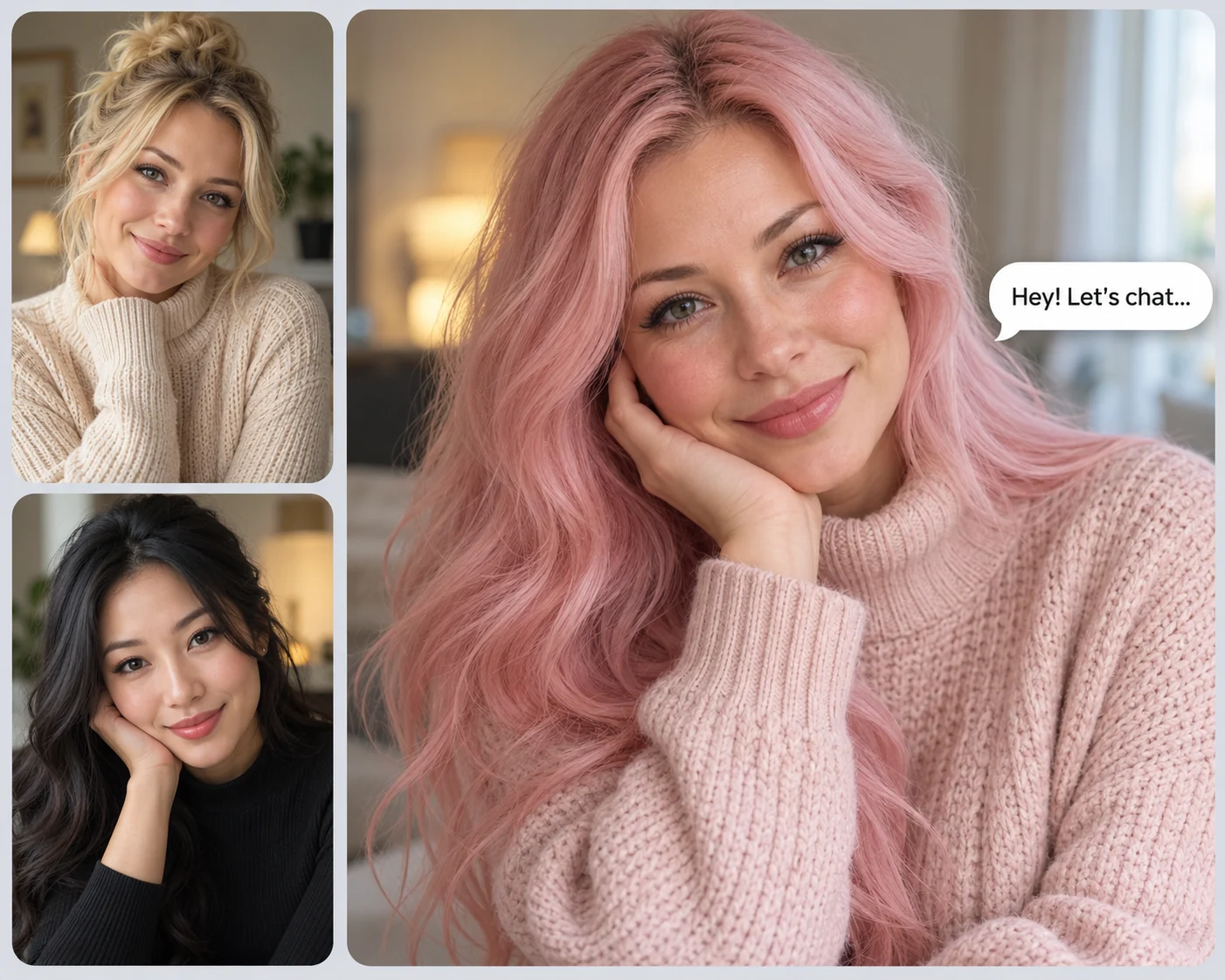 Fictional AI character portraits and an example chat layout