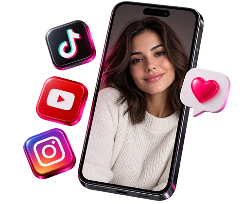 Illustrative social promotion creative with a fictional AI character and platform icons